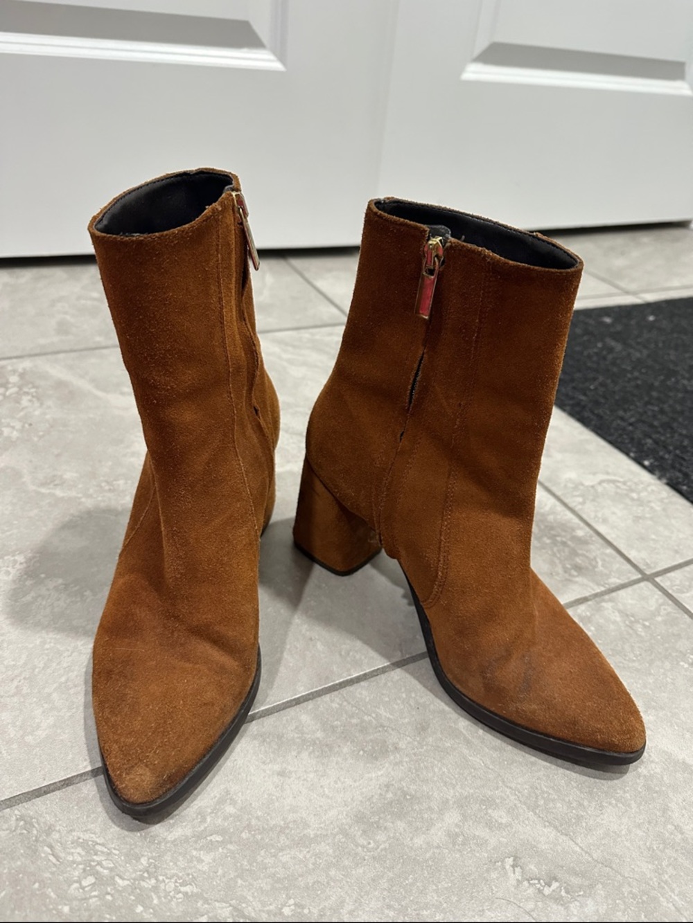 Women's Brown Suede Pointed Toe Ankle Boots with Block Heel